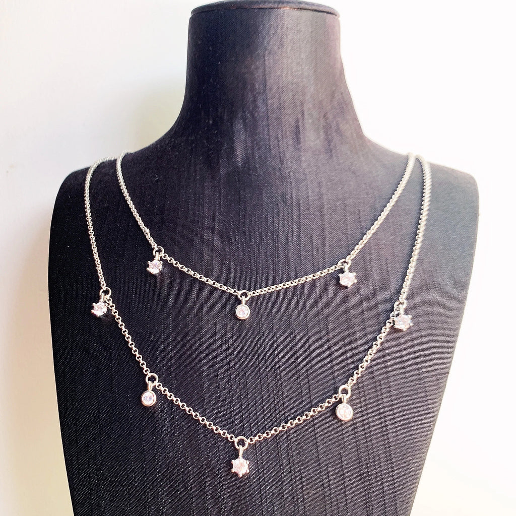 Double Row Necklace White Stones Layer Link Chain 925 Sterling Silver Gift