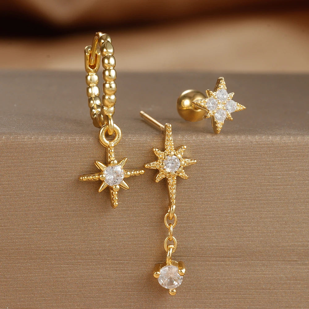 3PCS Gold Colour Star Earrings Set Zircon Pendant Stainless Steel
