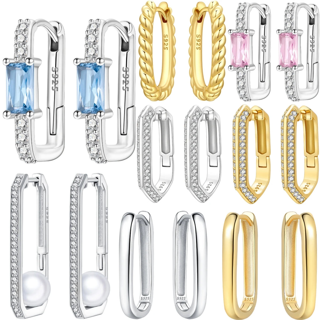 925 Sterling Silver Minimalist Blue Zircon Hoop Earrings Anniversary Gift