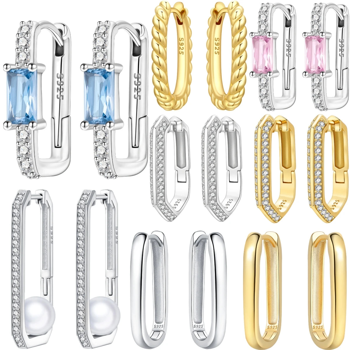 925 Sterling Silver Minimalist Blue Zircon Hoop Earrings Anniversary Gift