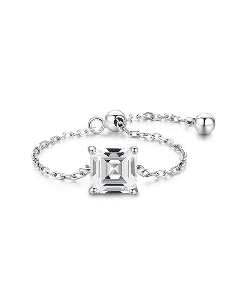 Certified Moissanite Chain Ring 1CT Oval Pear Cut Adjustable 925 Sterling Silver