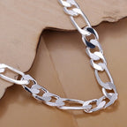 6-8mm Figaro Chain Bracelet 20cm 925 Sterling Silver Men Women Wedding Gift