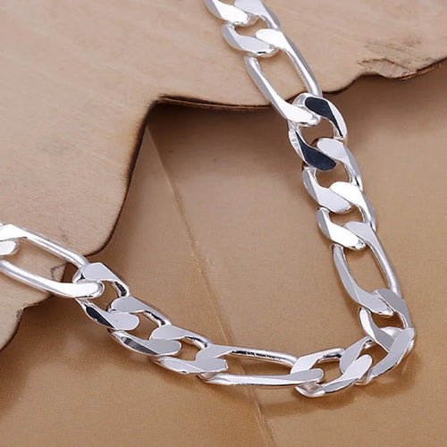 6-8mm Figaro Chain Bracelet 20cm 925 Sterling Silver Men Women Wedding Gift
