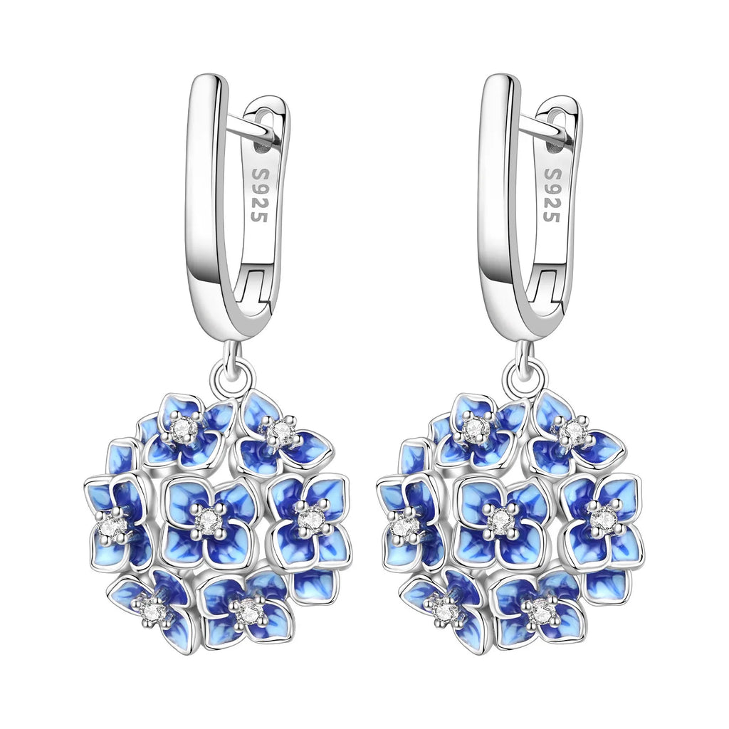 925 Sterling Silver Blue Hydrangea Flower Drop Earrings Anniversary Jewellery Gift