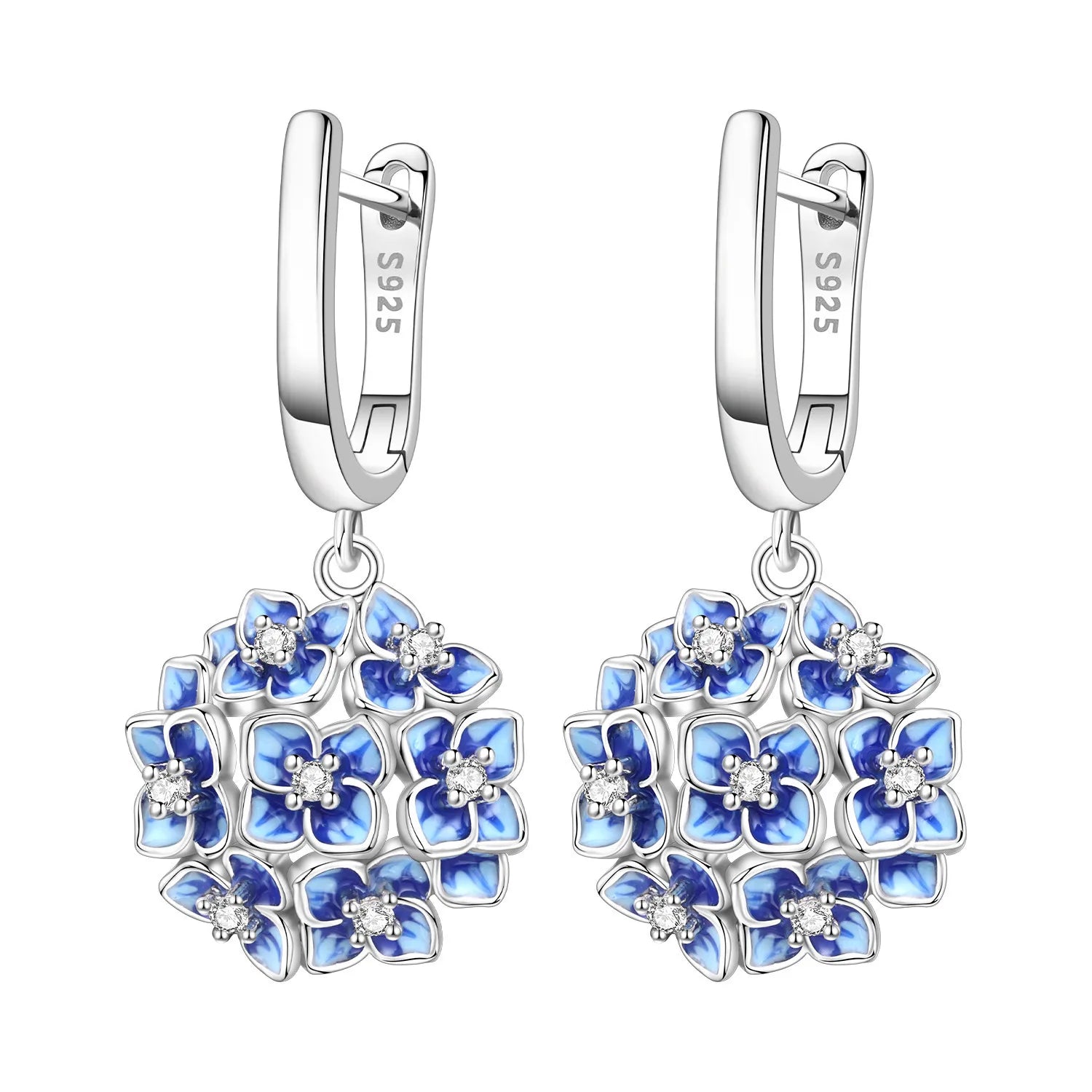 925 Sterling Silver Blue Hydrangea Flower Drop Earrings Anniversary Jewellery Gift