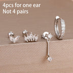 4pcs Korean Stainless Steel Zircon Water Drop Piercing Earrings Set