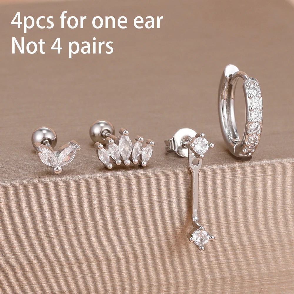 4pcs Korean Stainless Steel Zircon Water Drop Piercing Earrings Set