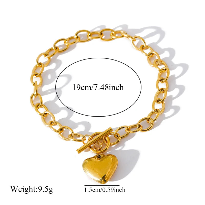 Stainless Steel Coins Heart Charm Bracelet Gold Silver Colour Wrist Chain