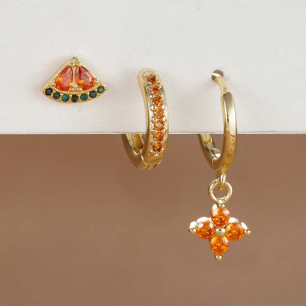 3PCS Stainless Steel Orange Zirconia Flower Pendant Hanging Earrings Set