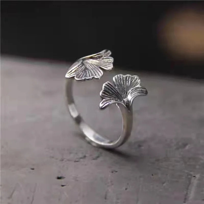 Ginkgo Biloba Leaves Open Ring 925 Sterling Silver Wedding Luxury Accessories
