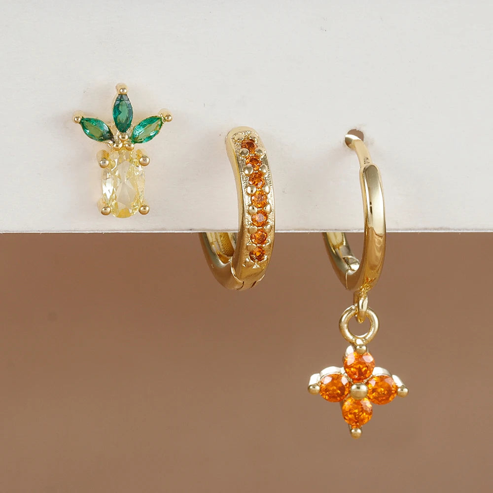 3PCS Stainless Steel Orange Zirconia Flower Pendant Hanging Earrings Set