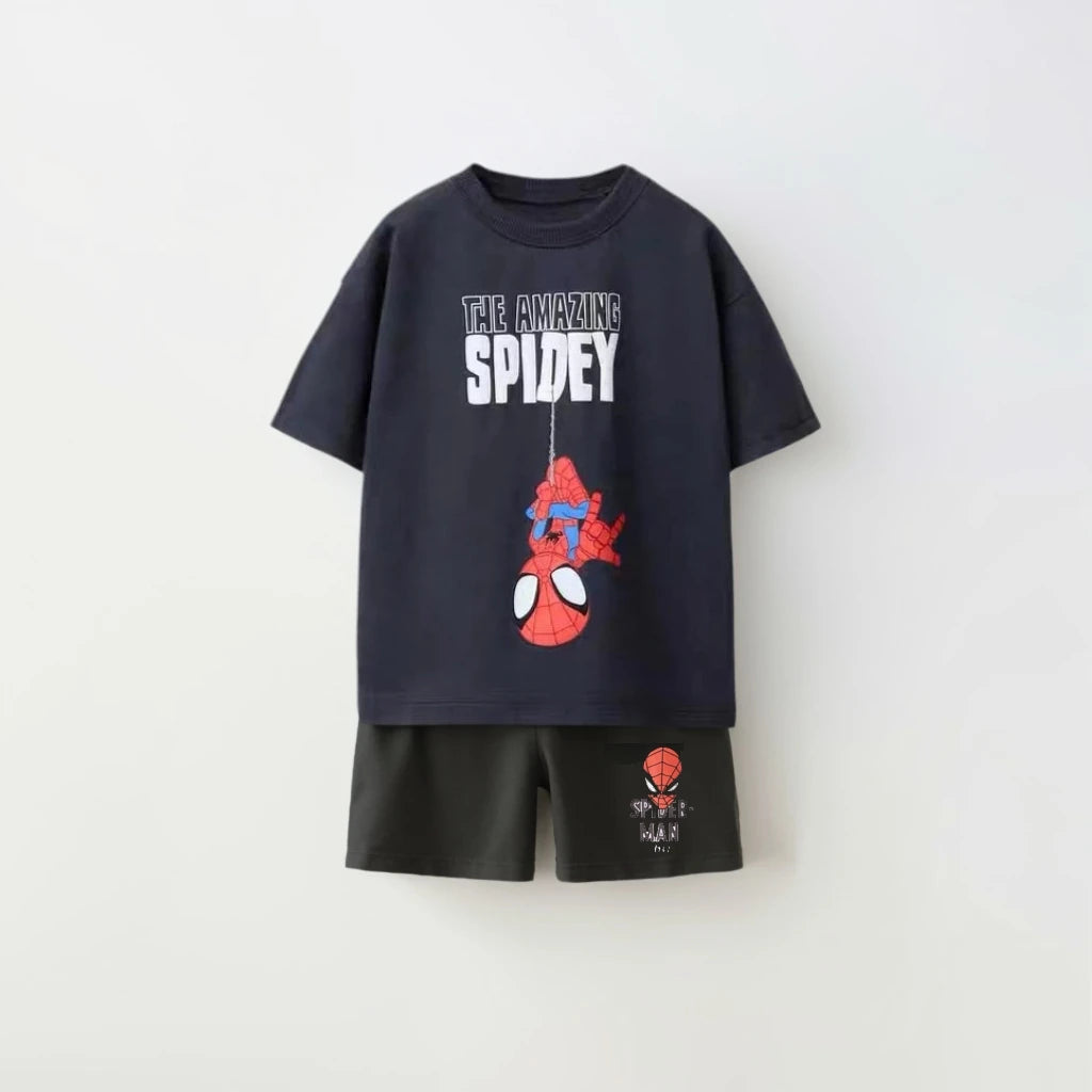 Kids Spiderman Print Sports T-Shirt & Loose Shorts Set Cartoon Summer Outfit