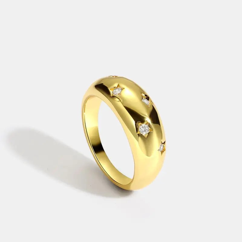 925 Sterling Silver Star Chunky Ring Vintage Trendy Gold Colour Zirconia Stacking Punk Accessory