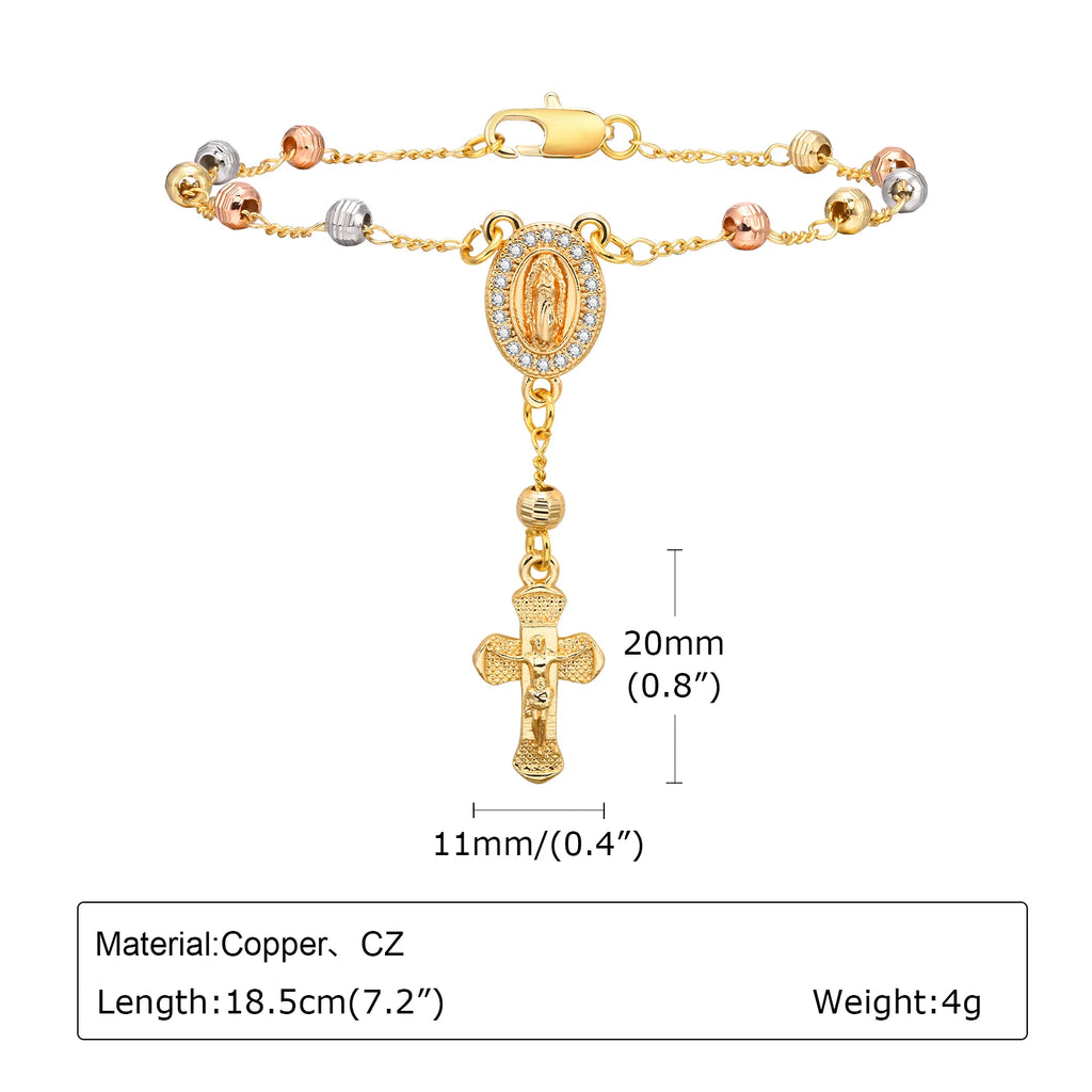 Virgin Mary Rosary Bead Cross Bracelet for Women, Tri-color Adjustable Chain Virgin of Guadalupe Bracelet Baptism Confirmation