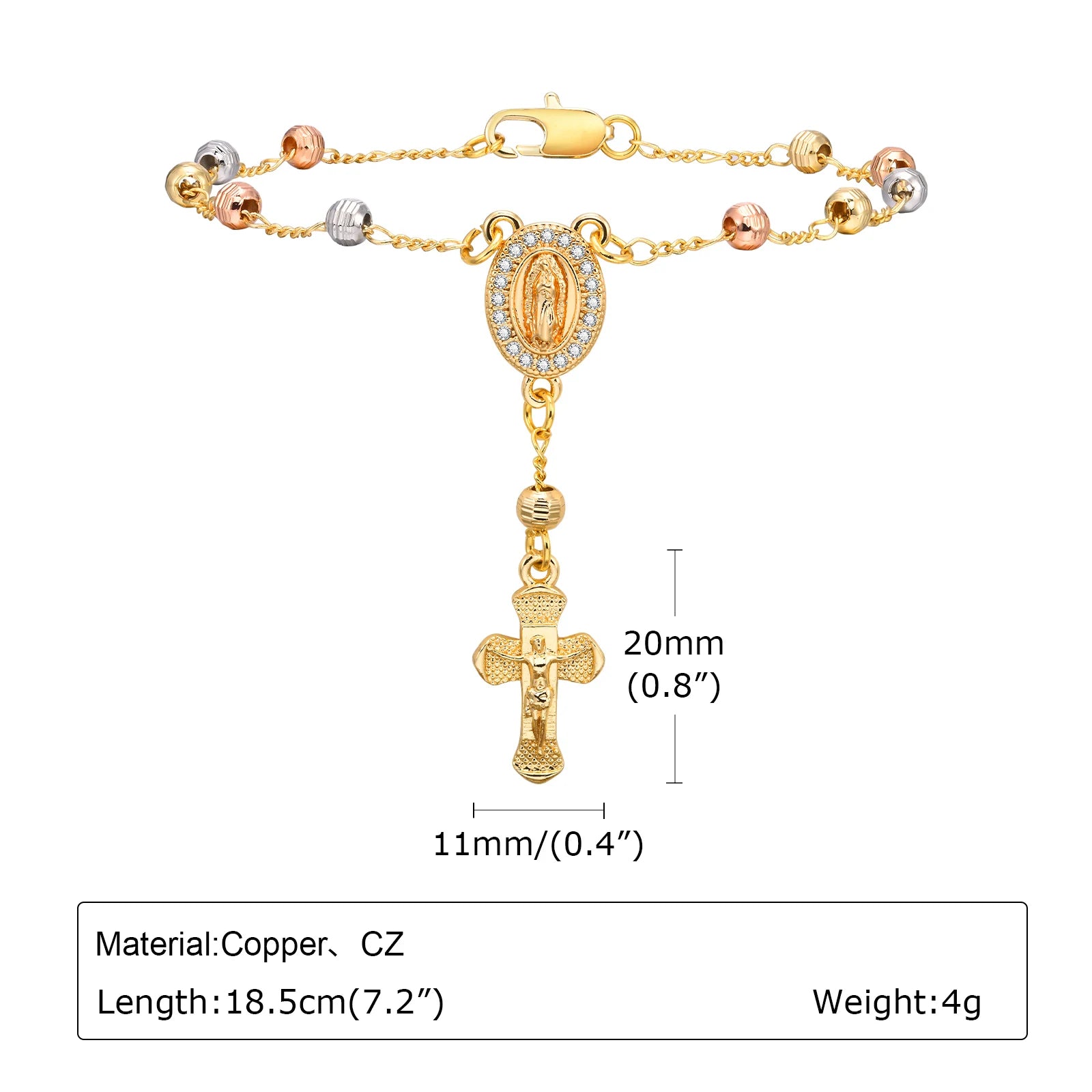 Virgin Mary Rosary Bead Cross Bracelet for Women, Tri-color Adjustable Chain Virgin of Guadalupe Bracelet Baptism Confirmation