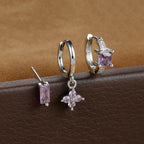 3PCS Stainless Steel Flower Crystal Zirconia Hoop Earrings Square