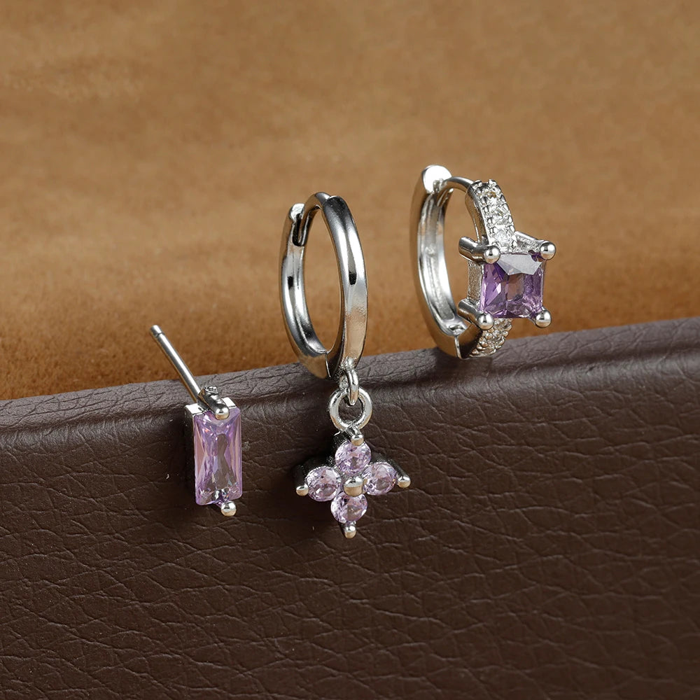 3PCS Stainless Steel Flower Crystal Zirconia Hoop Earrings Square