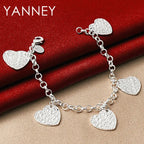 925 Sterling Silver 8-inch 4-Heart Pendant Bracelet Women Wedding Jewellery