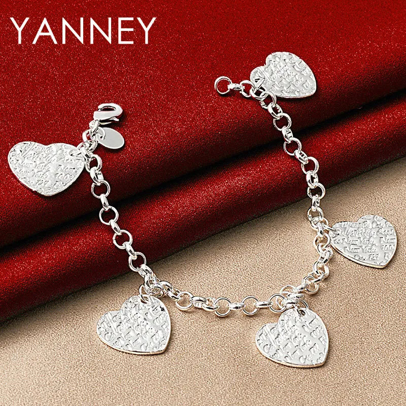 925 Sterling Silver 8-inch 4-Heart Pendant Bracelet Women Wedding Jewellery