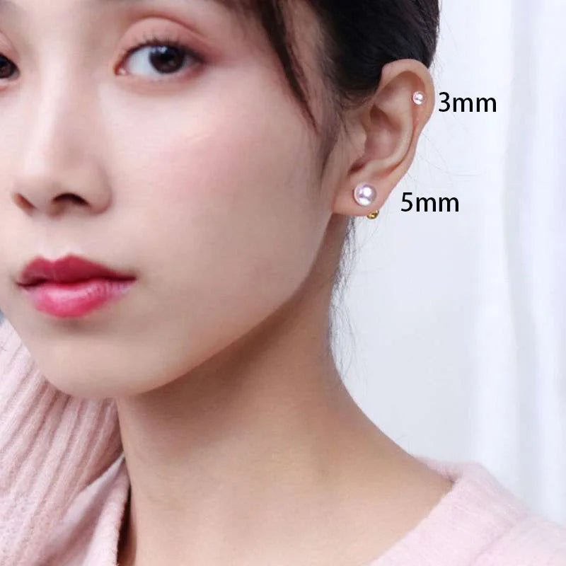 2PCS Stainless Steel Pearl Ear Studs Earrings Women Men 3-5mm
