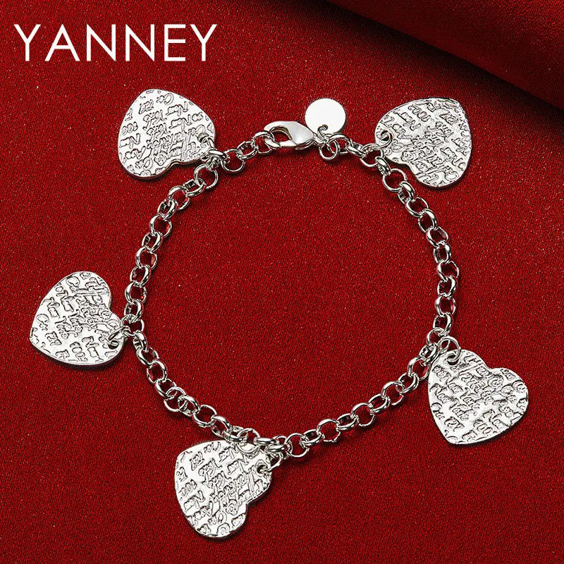 925 Sterling Silver 8-inch 4-Heart Pendant Bracelet Women Wedding Jewellery