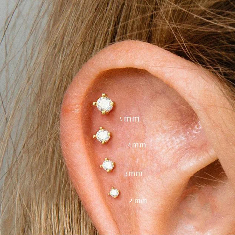 2PCS Trendy Stainless Steel 2/3/4/5mm Zircon Sparkling Stud Earrings