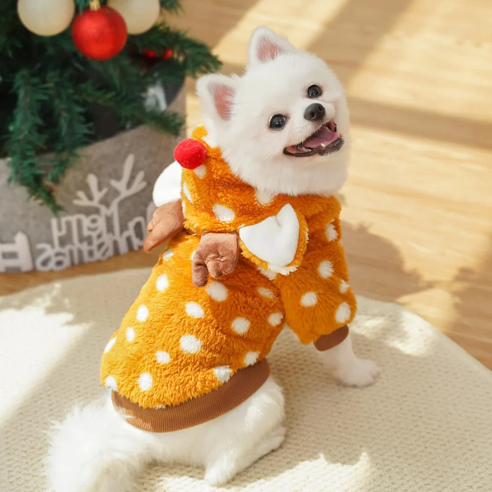 Festive Reindeer Pet Costume Cozy Plush Dog Cat Hoodie Outfit Winter Photo