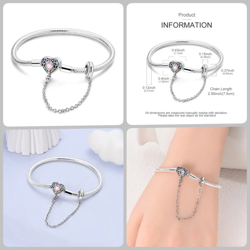 925 Silver 17-20CM Heart Pave Zirconia Original Bracelets Infinity Bracelet Fit DIY Charms Bead Birthday Jewelry Gifts Hot Sale