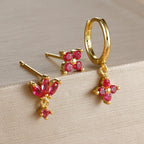 3PCS Fashion Orange Blue Zircon Hanging Earrings Stainless Steel Flower