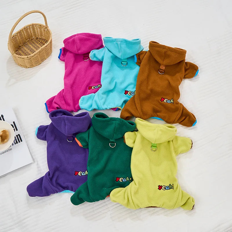 Winter Fleece Dog Jumpsuit Hoodie Warm Puppy Coat with D-Ring Outfit