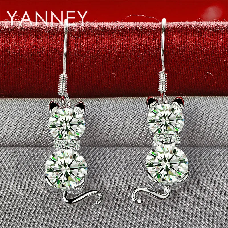925 Sterling Silver Cute Kitten Zirconia Earrings Women Fashion Wedding Gift