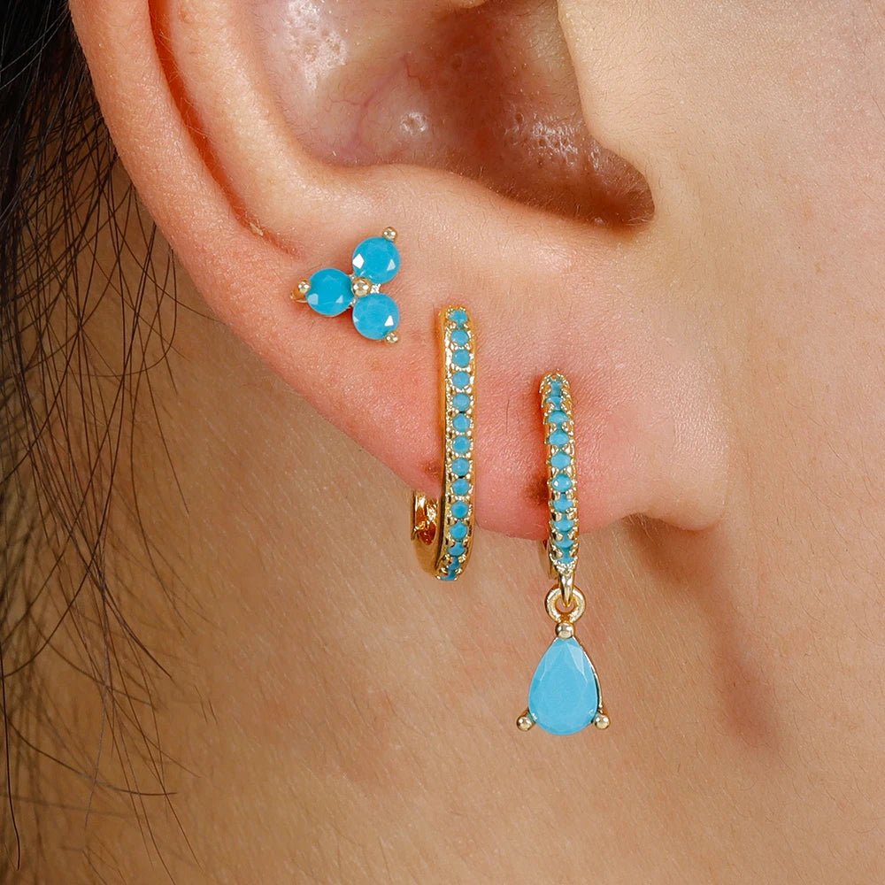 3PCS Waterdrop Shape Zircon Hoop Earrings Triangle Flower Studs