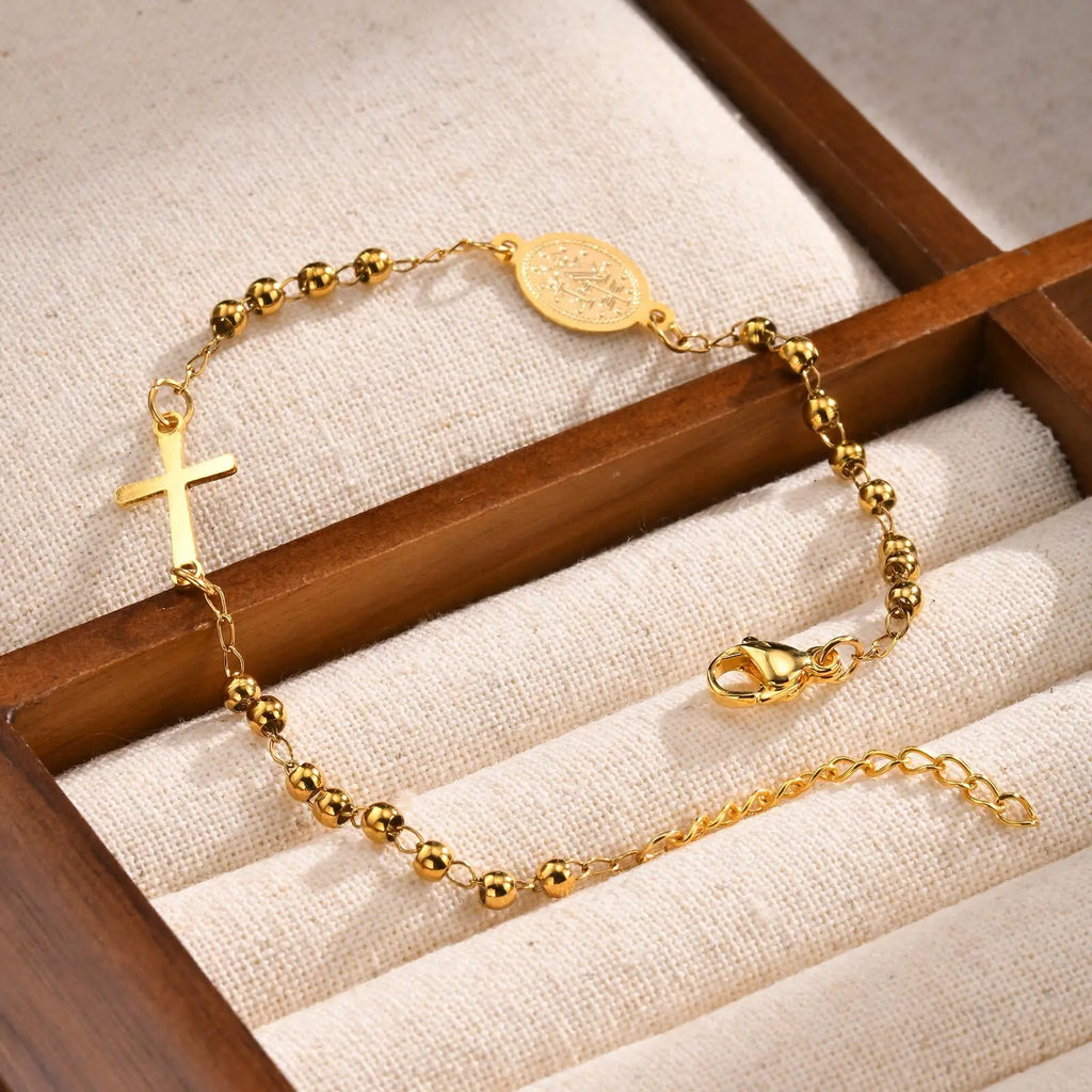 Beads Chain Virgin Mary Bracelet For Women, Stainles Steel Rosary Cross Bracelets, Gold Plated Faith Jewelry Gift