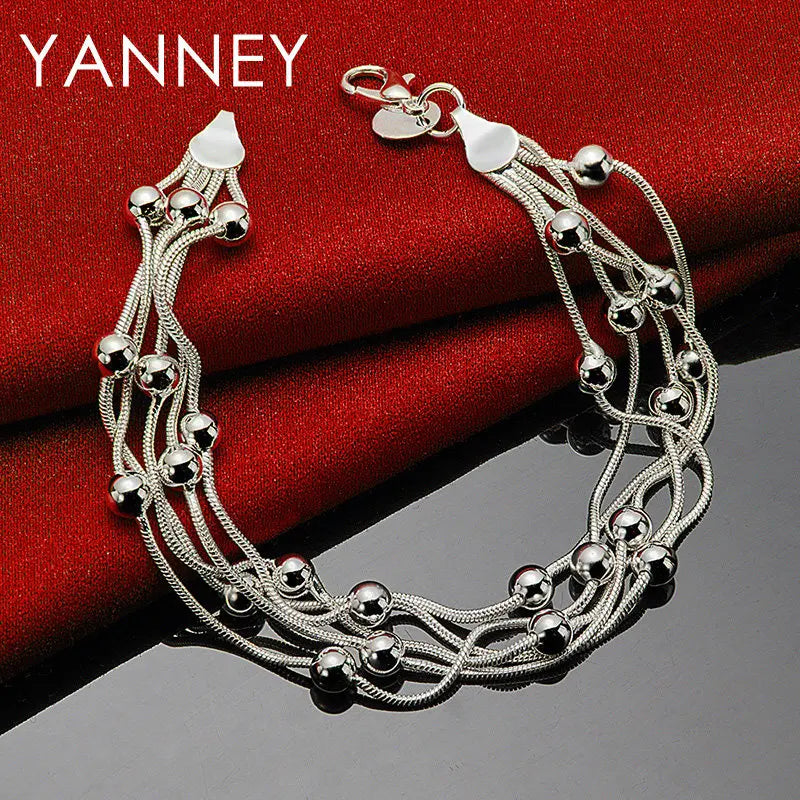 925 Sterling Silver 8-inch Beaded Bracelet Women Party Wedding Jewellery Gift