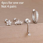 4pcs Korean Stainless Steel Zircon Water Drop Piercing Earrings Set