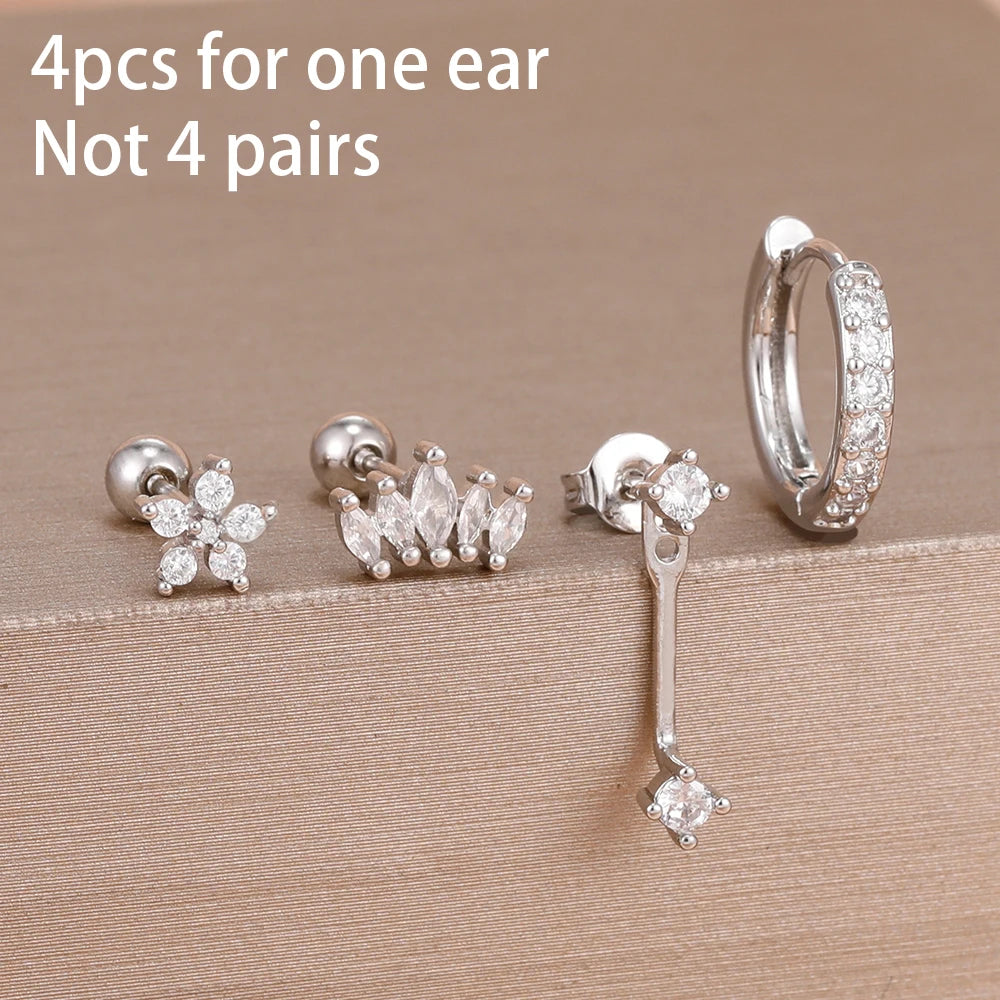4pcs Korean Stainless Steel Zircon Water Drop Piercing Earrings Set
