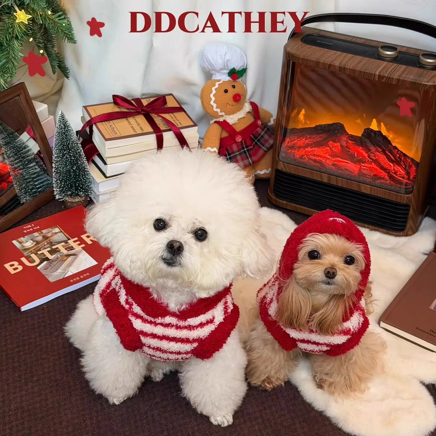 Red Stripe Hooded Dog Cat Vest, Warm Plush Fleece Jacket for Small Medium Pets, Winter Coat with Cute Animal Costume Hood