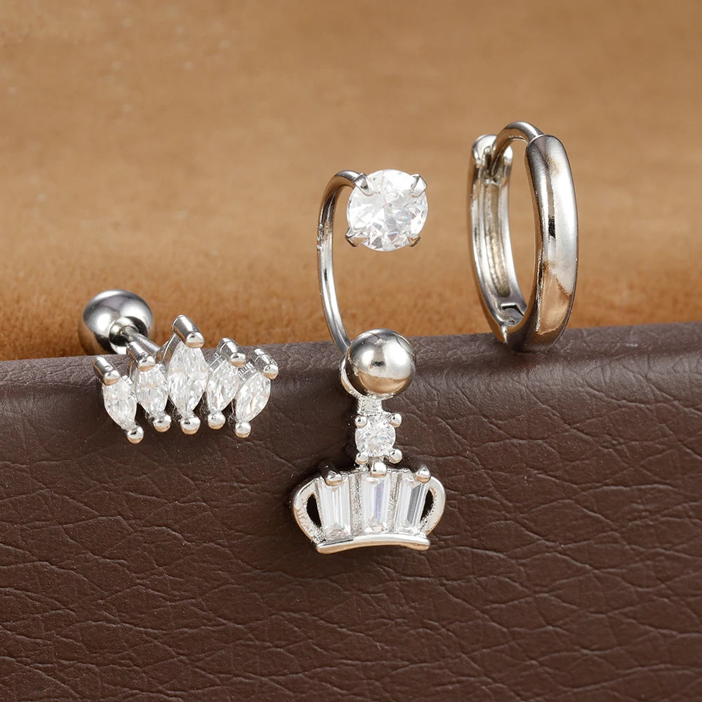 3pcs Stainless Steel Zircon Huggie Hoop Earrings Set Star Moon