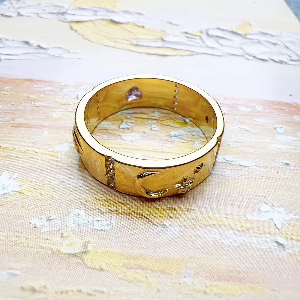 Gold Ring Cosmic Motifs 925 Sterling Silver Vintage Talisman Lucky Gift