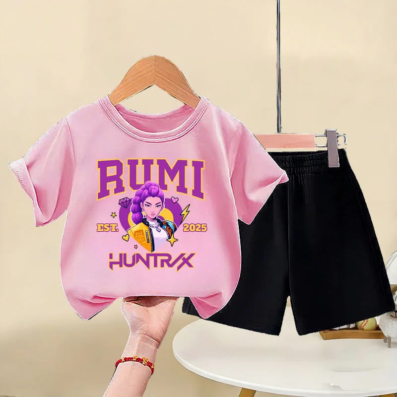 K-pop Girls Summer Casual Outfit Short Sleeve Top and Elastic Waist Shorts
