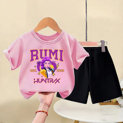 K-pop Girls Summer Casual Outfit Short Sleeve Top and Elastic Waist Shorts