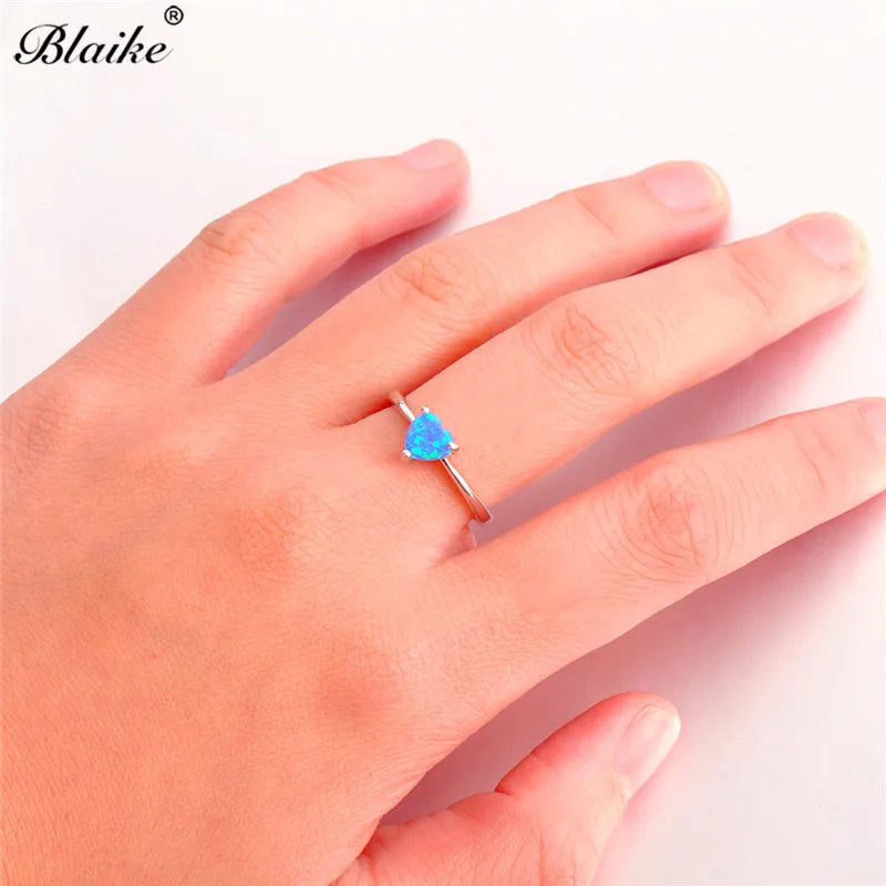 Mystic Fire White Blue Opal Stone Rainbow Zircon Heart Rings For Women Silver Color Birthstone Thin Ring Wedding Bands Jewelry