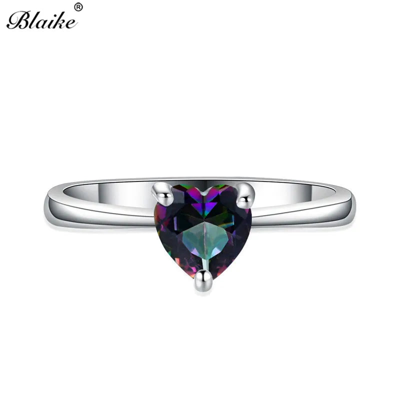 Mystic Fire White Blue Opal Stone Rainbow Zircon Heart Rings For Women Silver Color Birthstone Thin Ring Wedding Bands Jewelry