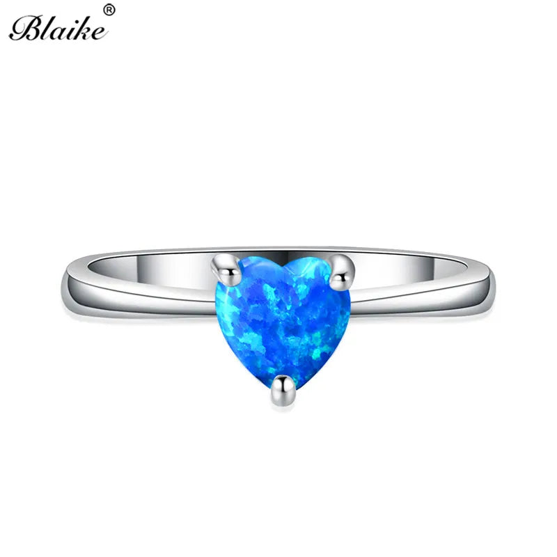 Mystic Fire White Blue Opal Stone Rainbow Zircon Heart Rings For Women Silver Color Birthstone Thin Ring Wedding Bands Jewelry