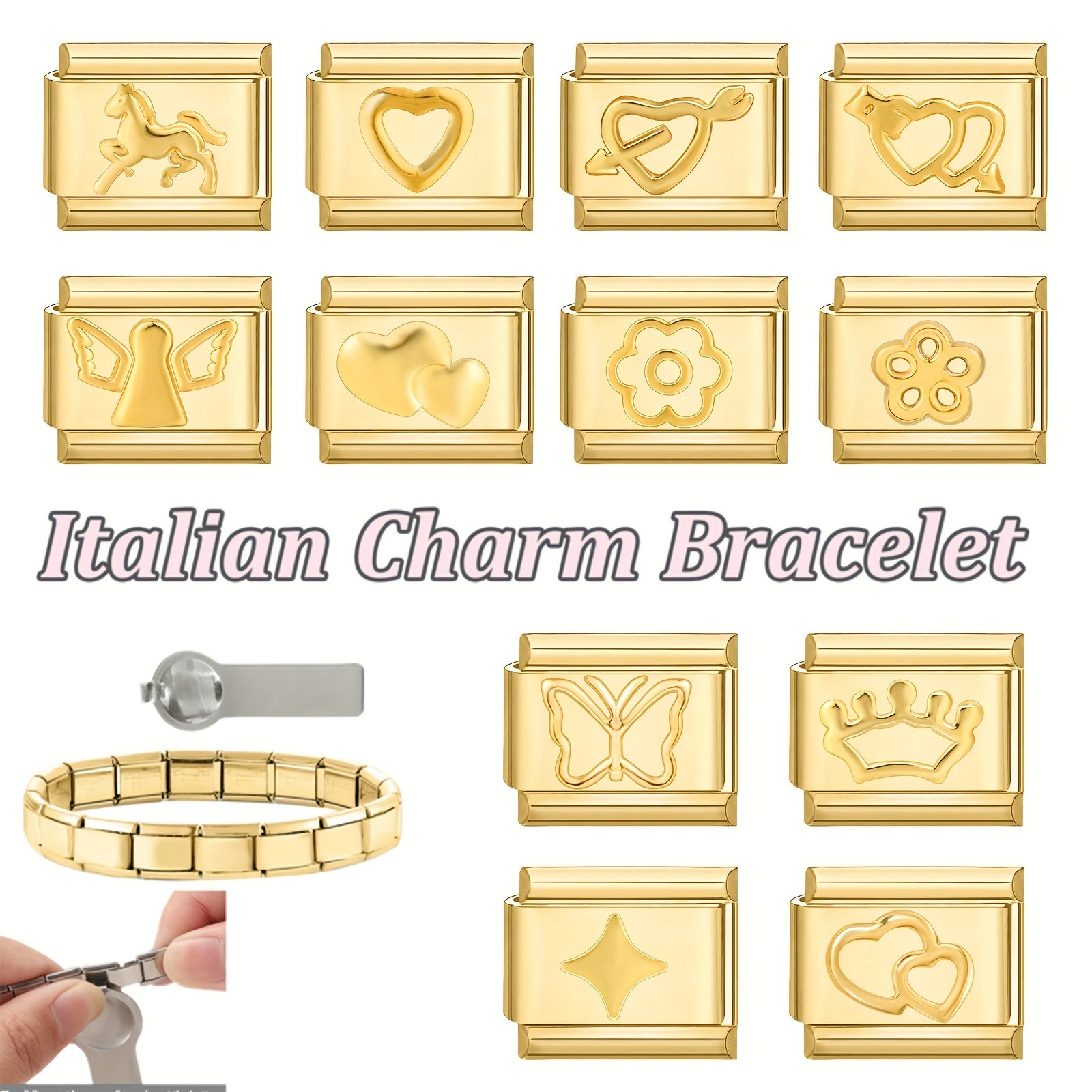 1pc Golden Jewelry Charm - Elegant Heart, Crown, Floral, Cat Paw, Italian Charm Bracelet/ Anklet/Keychain Module - for DIY Jewelry Making, Birthday/Anniversary Gifts - Compatible with Necklace, Bracelet, Anklet, Keychain - No